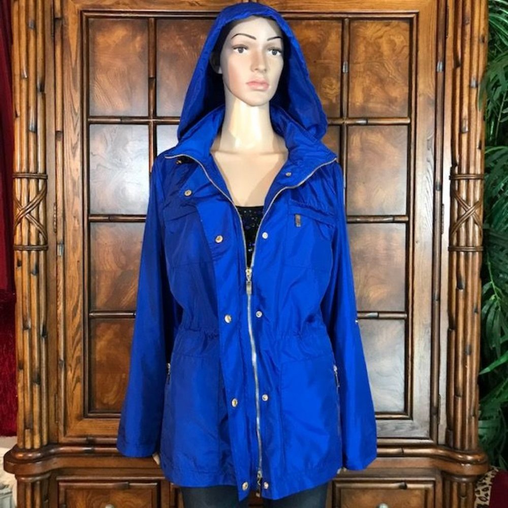 Jones New York Cobalt Anorak Roll Tab Snap Sleeves w/ Hideable Hood